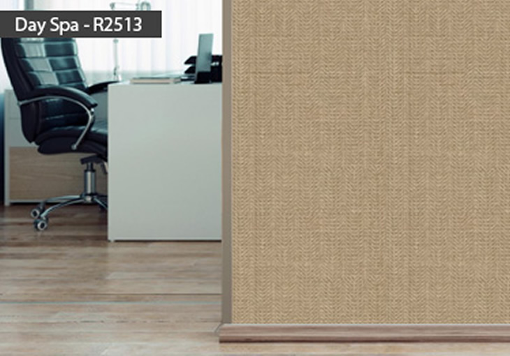 Wall covering roll features a subtle chevron pattern available in 97 colors